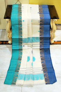 Woven Matta Nakshi Border Premium Quality Bengal Handloom Cotton Saree in Off White, Sea green and Navy Blue