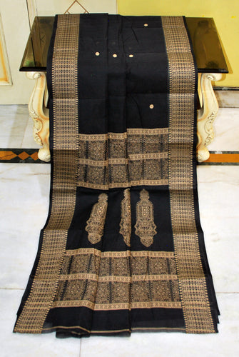Medium Size Thread Nakshi Border Premium Quality Bengal Handloom Cotton Saree in Black and Beige