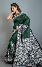 Pure Silk Hand Embroidery Hand Batik Kantha Stitch Saree in Bottle Green, Black and Off White Thread Work