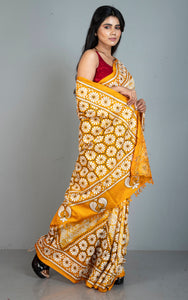 Pure Silk Hand Embroidery Hand Batik Kantha Stitch Saree in Beige, Golden Yellow, Black and Off White Thread Work