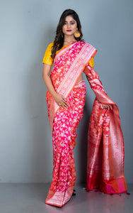 Exclusive Brocade Banarasi Katan Silk Saree in Bright Peach and Water Gold Jangla Jaal Work