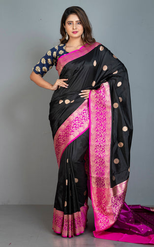 Pure Katan Banarasi Silk Saree in Black, Magenta and Antique Gold