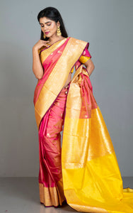 Pure Katan Banarasi Silk Saree in Red Sandalwood, Bright Yellow, Dark Brown and Antique Gold