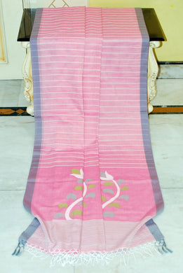 Woven Khes Work Authentic Khaddar Cotton Jamdani Saree in Lemonade Pink, Off White, Grey and Green