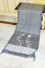 Woven Khes Work Authentic Khaddar Cotton Jamdani Saree in Grey, Off White, Beige and Blue