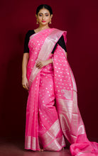 Designer Handloom Kora Silk Banarasi Saree in Bright Flamingo Pink and Muted Silver