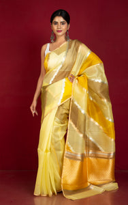 Designer Poth Border Handloom Kora Silk Banarasi Saree in Tuscan Sun Yellow, Lemon Yellow and Snuff Brown with Silver and Matt Gold Aara Zari Nakshi Work