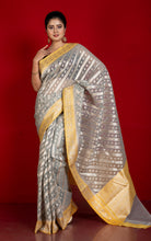 Designer Kora Organza Silk Banarasi Saree in Heather Grey with Harvest Gold and Silver Aara Zari Nakshi Work