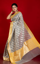 Designer Kora Organza Silk Banarasi Saree in Heather Grey with Harvest Gold and Silver Aara Zari Nakshi Work