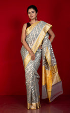 Designer Kora Organza Silk Banarasi Saree in Heather Grey with Harvest Gold and Silver Aara Zari Nakshi Work