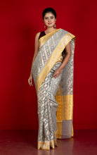 Designer Kora Organza Silk Banarasi Saree in Heather Grey with Harvest Gold and Silver Aara Zari Nakshi Work