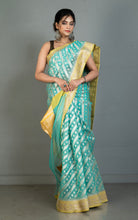 Designer Kora Organza Silk Banarasi Saree in Medium Turquoise with Pastel Yellow and Silver Aara Zari Nakshi Work