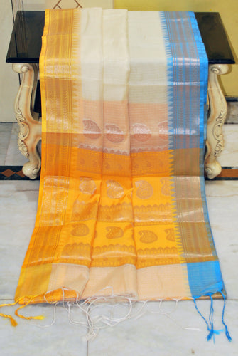 Traditional Ganga Jamuna Border Cotton Kota Checks Gadwal Saree with Rich Pallu in Light Beige, Golden Yellow and Sky Blue