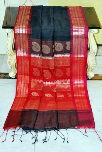 Traditional Ganga Jamuna Border Cotton Kota Checks Gadwal Saree with Rich Pallu in Black, Dark Red and Magenta