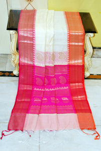 Traditional Ganga Jamuna Border Cotton Kota Checks Gadwal Saree with Rich Pallu in White, Hot Pink and Orange