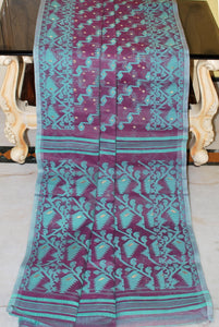 Cotton Muslin Jamdani Saree in Purple, Cerulean Blue and Gold Zari Work