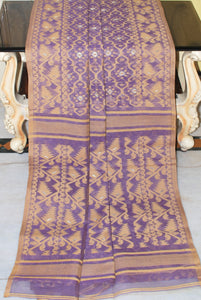 Cotton Muslin Jamdani Saree in Lilac, Beige and Gold Zari Work