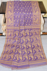 Cotton Muslin Jamdani Saree in Lavender, Beige and Gold Zari Work