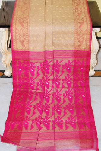 Cotton Muslin Jamdani Saree in Beige, Hot Pink and Gold Zari Work