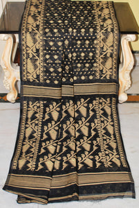Cotton Muslin Jamdani Saree in Black, Beige and Gold Zari Work