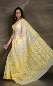 Sholapuri Work Jamdani Saree in Off White and Pastel Yellow