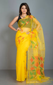 Naal Phool Woven Nakshi Work Muslin Silk Jamdani Saree in Bright Yellow, Red, Green and Gold Zari Work