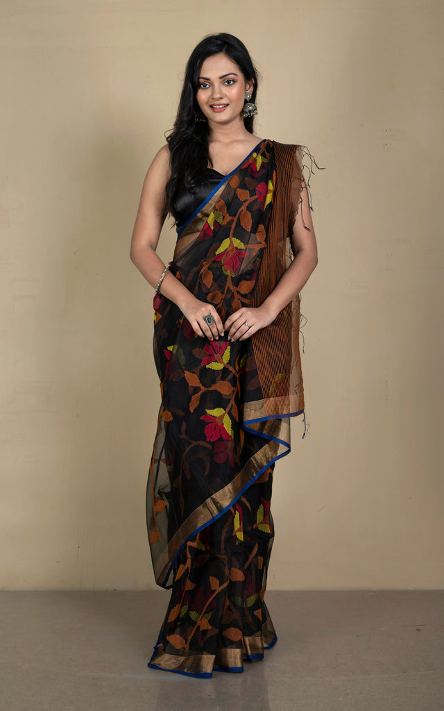 Bright Orange Smocking Muslin Saree