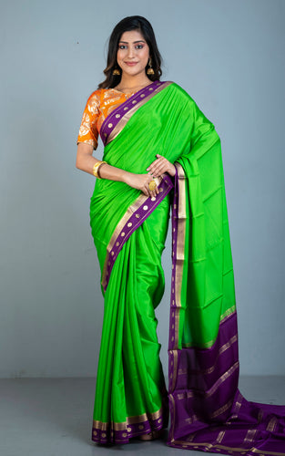 Mysore Crepe Pure Silk Saree in Lawn Green, Imperial Purple and Brush Gold