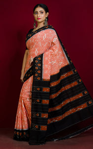 Soft Mercerized Cotton Ikkat Pochampally Saree in Pale Orange, Off White and Black