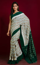 Soft Mercerized Cotton Ikkat Pochampally Saree in Off White, Mustard Yellow, Red and Bottle Green