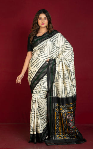 Exclusive Twill Ikkat Pochampally Silk Saree with Madhathasu Pallu in Off White, Black, Dark Green and Multicolored
