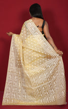 Premium Quality Traditional Needle Karat Nakshi Motif Work Muslin Silk Dhakai Jamdani in Pastel Yellow and Off White