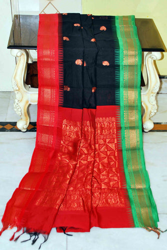 Ganga Jamuna Border Sico Cotton Gadwal Saree with Rich Pallu in Black, Red and Seafoam Green
