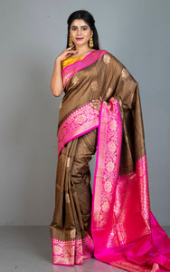Premium Tussar Banarasi Silk Saree in French Beige and Hot Pink