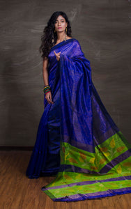 Exclusive Brocade Matka Tussar Silk Saree with Jamdani Pallu in Royal Blue and Green