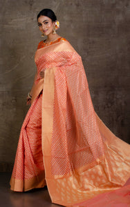 Handwoven Cotton Chanderi Saree in Peach, Silver and Muted Gold Matte Zari Work