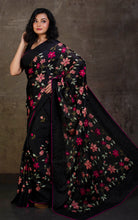 Parsi Cross Stitch Work Designer Italian Crepe Silk Saree in Black, Hot Pink and Multicolored Thread Work