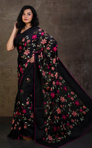 Parsi Cross Stitch Work Designer Italian Crepe Silk Saree in Black, Hot Pink and Multicolored Thread Work