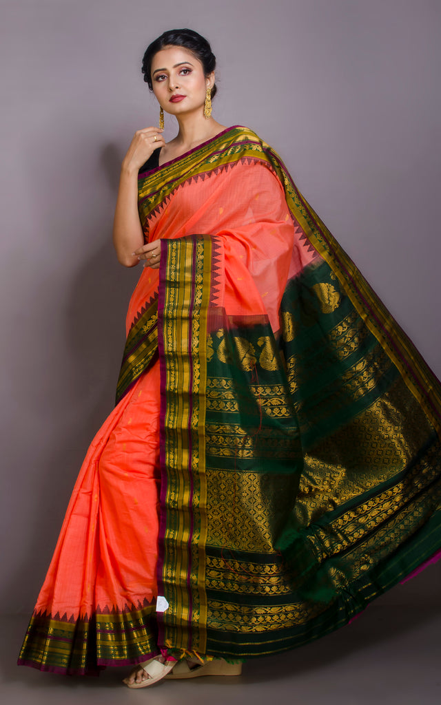 Exclusive Gadwal Seiko Silk Saree in Peach Dark Green Olive