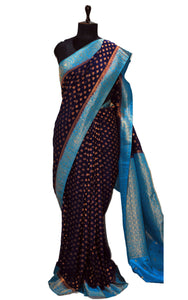 Medium Border Soft Semi Georgette Banarasi Saree in Midnight Blue, Azure Blue and Antique Golden