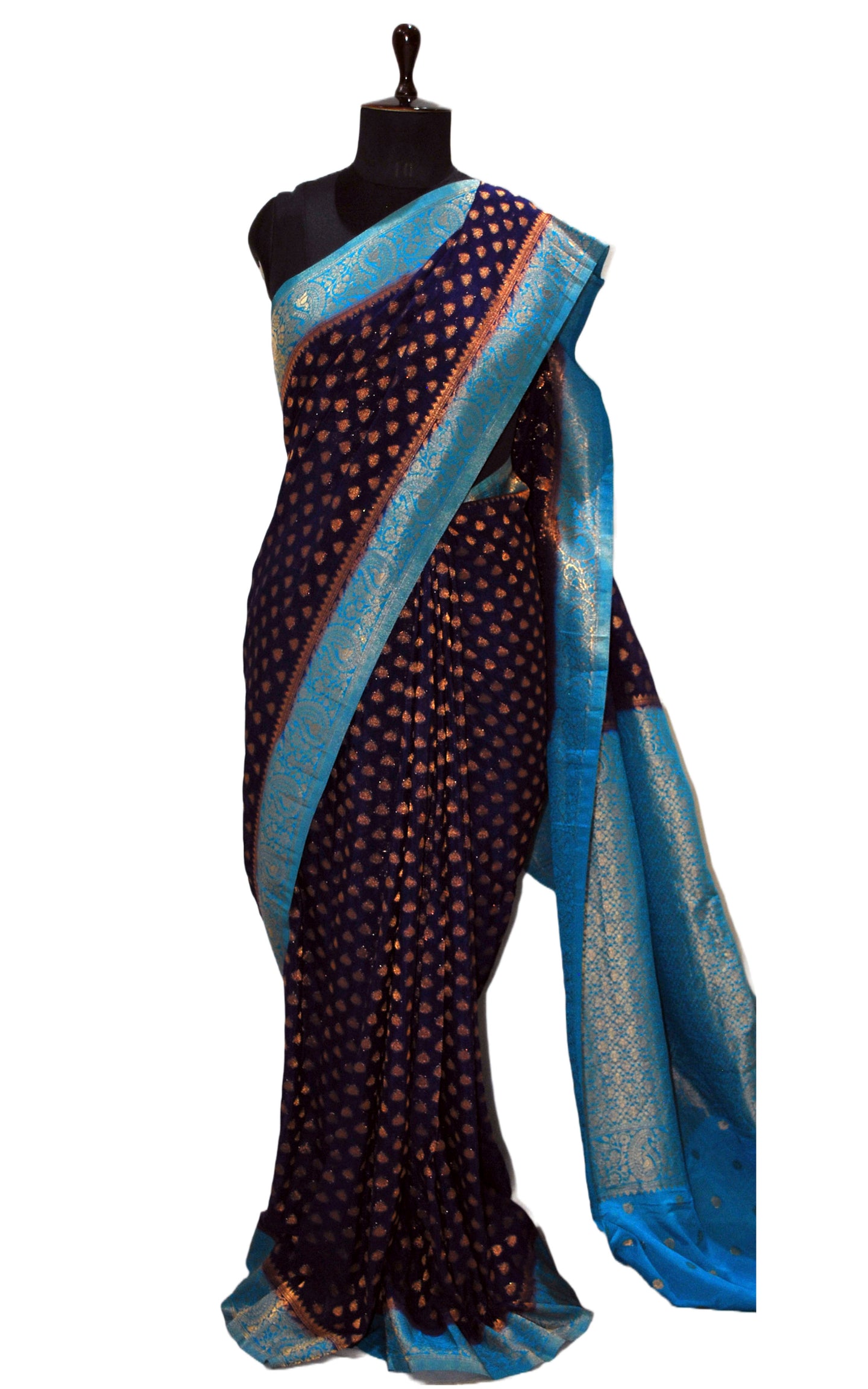 Medium Border Soft Semi Georgette Banarasi Saree in Midnight Blue, Azure Blue and Antique Golden