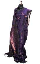 Handwoven Cotton Linen Banarasi Saree in Eggplant Purple and Antique Gold Zari Work