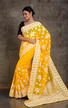 Lucknow Chikankari Work Designer Saree in Sunflower Yellow and White