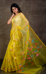 Muslin Silk Jamdani Saree in Bright Yellow, Gold Zari and Multicolored Thread Work