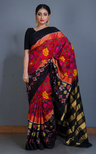 Mahapar Ikkat Pochampally Silk Saree in Red, Black and Multicolored