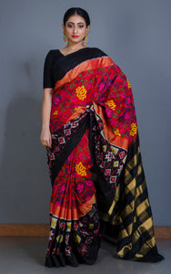 Mahapar Ikkat Pochampally Silk Saree in Red, Black and Multicolored