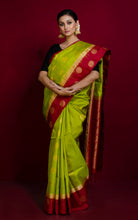 Premium Quality Soft Silk Nakshi Motif Work Border Kanchipuram Silk Saree in Chartreuse Green and Maroon
