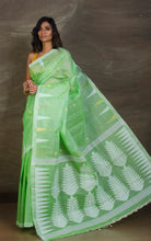 Handloom Tussar Silk Jamdani Saree in Bright Pastel Green, Off White and Gold