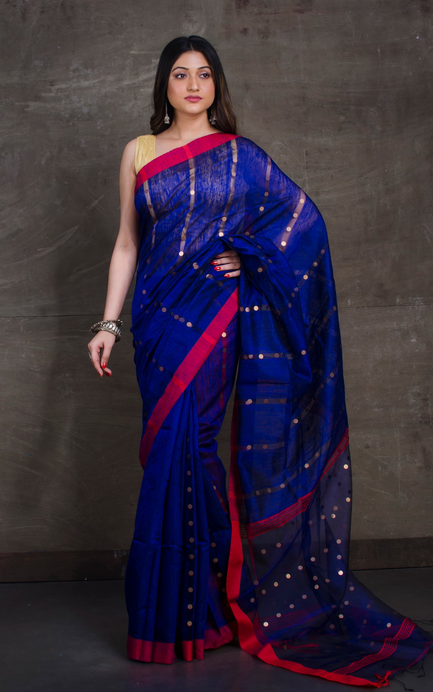 Designer Pure Matka Tussar Silk Saree in Indigo Blue and Red