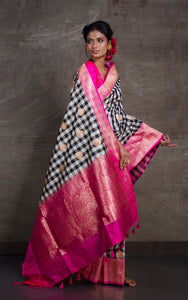 Designer Checks Katan Banarasi Silk Saree in Black ,Off White and Dark Pink